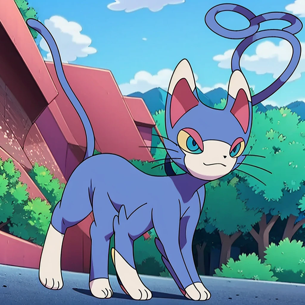(masterpiece, best quality:1.2),solo,glameow \(pokemon\),pokemon \(creature\),full body,no humans,cat,blue eyes,tail,city background