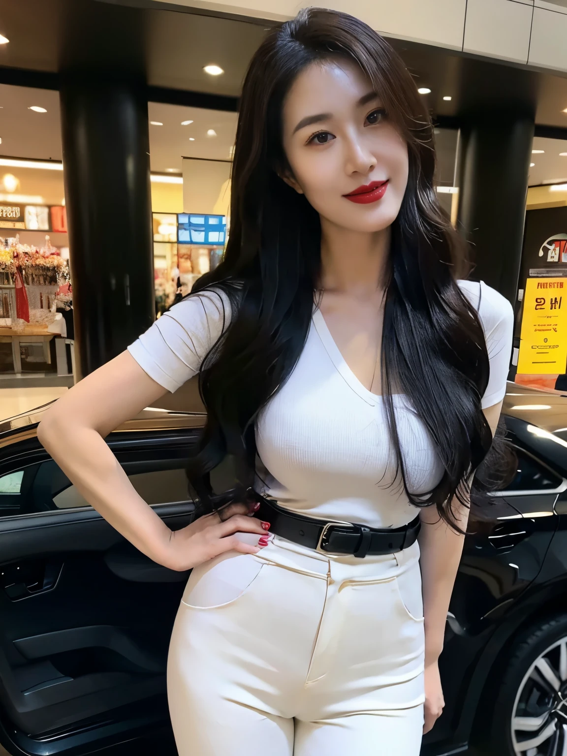 Describe facial features accurately and in detail,Red lipstick, From the chest up, Ultra Detailed,lifelike, Super delicate skin, perfect anatomy (Solitary),casual pants,Short sleeve,Black belt,Long wavy hair,37-year-old female,Mature,Charming smile,shopping mall,Standing,Leg length,Big breasts,stand up,full-body shot