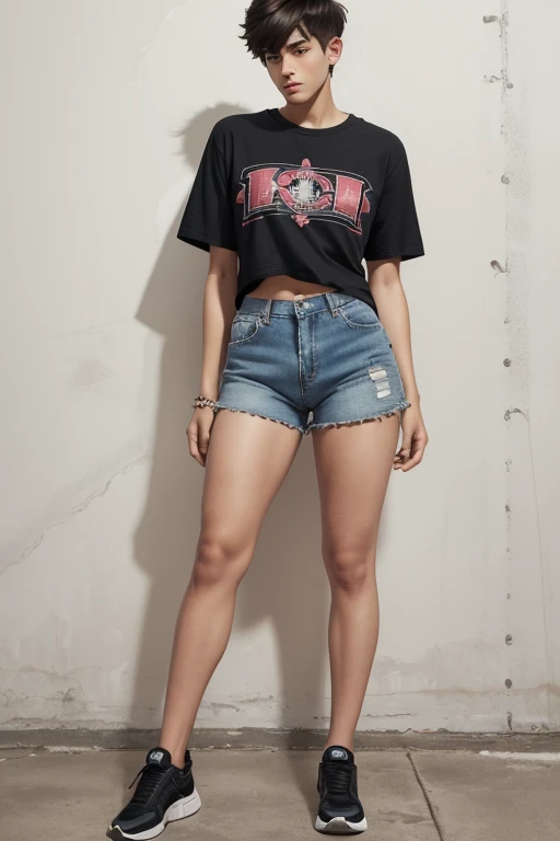 a young man having long legs, thick thighs, large hips, thin and narrow weist, big large feminine breasts, large male reproductive organs, t shirt and shorts, very small spikey boyish haircut, man , wide hips, bearded man, man,penis bulge , full body