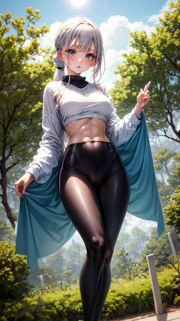 1 young fitness girl，Off-the-shoulder tights，and the sun was shining brightly，Black ponytail，Straight long legs，Sportswear，with blue sky and white clouds