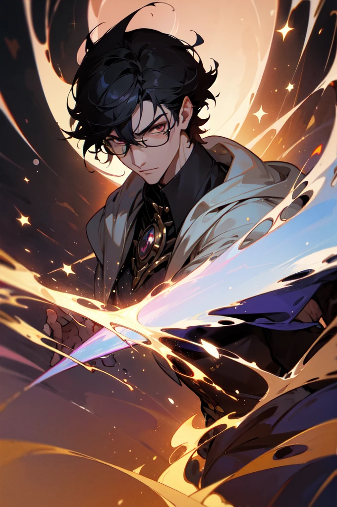 masterpiece, best quality, 1 male, young, tall muscular, handsome, finely detailed eyes, intricate details, black hair, short hair, evil face, solo, upper body, detailed dark shadow background, detailed face, good sorcerer, color magical robes, determined expression, white color scheme, dark crimson light, glowing magical runes, realistic lighting, floating particles, sparks, surrounded by gold lightning red arcane symbols, corrupted by eldritch power, bloom, glasses