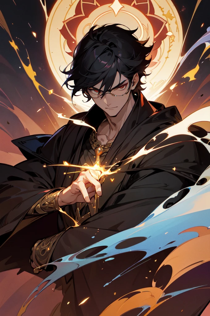 masterpiece, best quality, 1 male, young, tall muscular, handsome, finely detailed eyes, intricate details, black hair, short hair, evil face, solo, upper body, detailed dark shadow background, detailed face, good sorcerer, color magical robes, determined expression, white color scheme, dark crimson light, glowing magical runes, realistic lighting, floating particles, sparks, surrounded by gold lightning red arcane symbols, corrupted by eldritch power, bloom, glasses