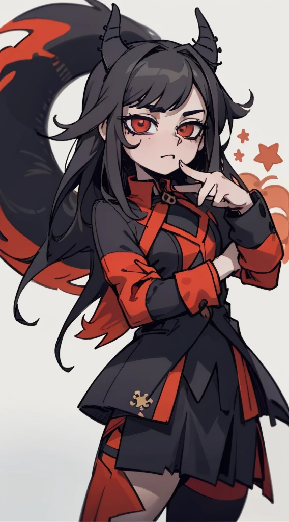 La mejor calidad: 1.0), (Super High Resolution: 1.0), Extremely detailed character, Manos extremadamente detalladas, Girl half dragon, trompetas, escamas en el cuello, escamas en los hombros, escamas en el antebrazo, escamas en la mejilla, Extremely detailed black dragon tail, cabello extremadamente detallado, pelo corto, cana, cerraduras negras, Ojos extremadamente detallados, ojos amarillos, ojos de gato, 2d, Chica Tomboy, Arte del anime, Yin-yang symbol in the background of the half-blurred image HuoHuo Honkai star Rail