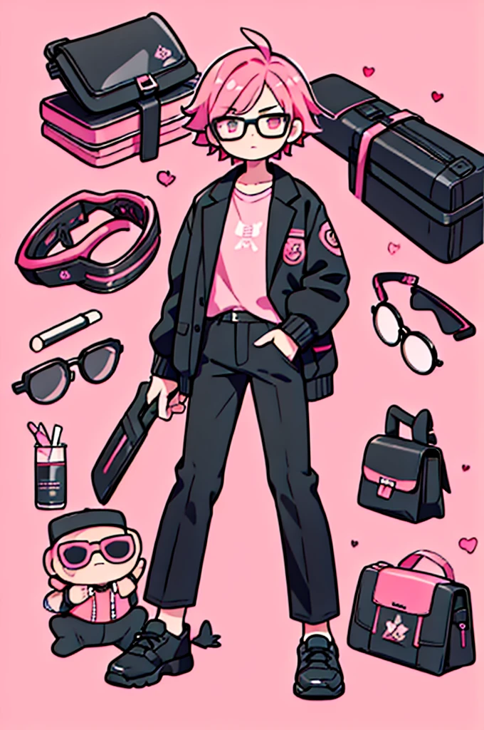 1 human ,black pants, Sharp image, man, pink hair, wearing a pink jacket. , has a dull, bored face, wears round glasses, has short, neat hair,