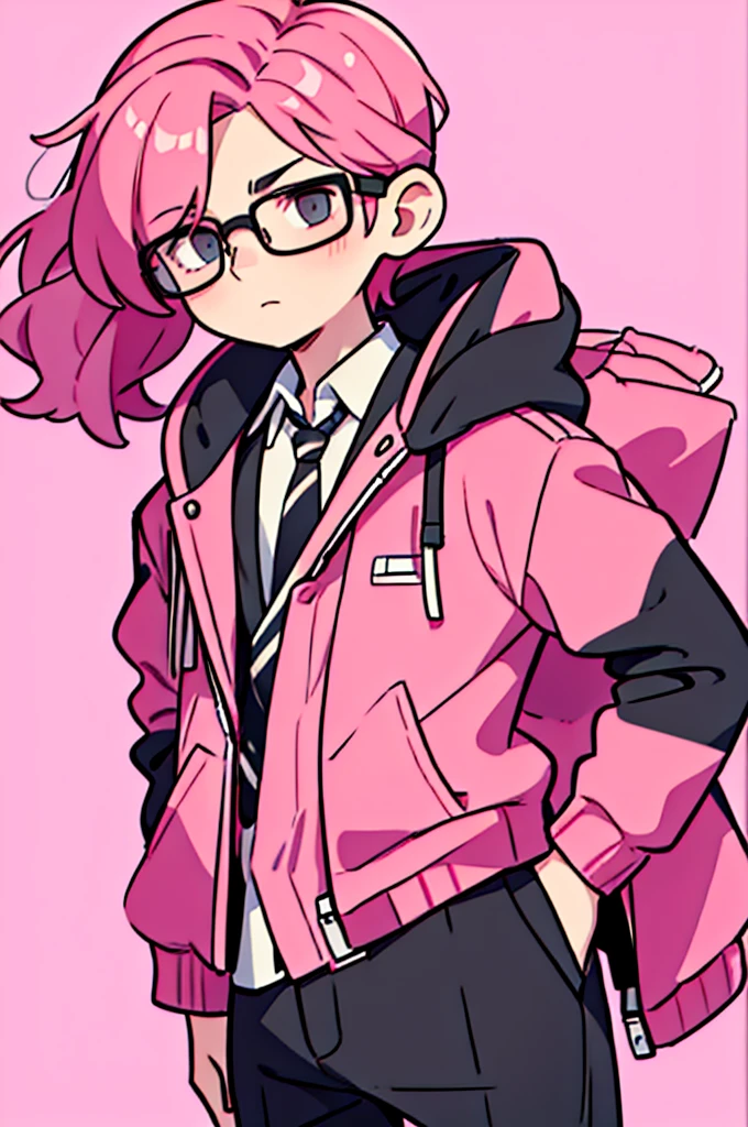 1 human ,black pants, Sharp image, man, pink hair, wearing a pink jacket. , has a dull, bored face, wears round glasses, has short, neat hair,