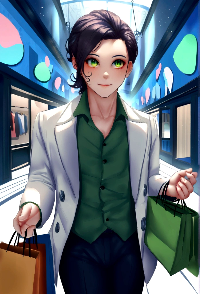 Um arquiteto de sonhos futurista, mas realista, inspired by Pixar animation, de perto. The character takes center stage with captivating facial expressions, oferecendo um toque de irrealidade. he is holding lot of shopping bags