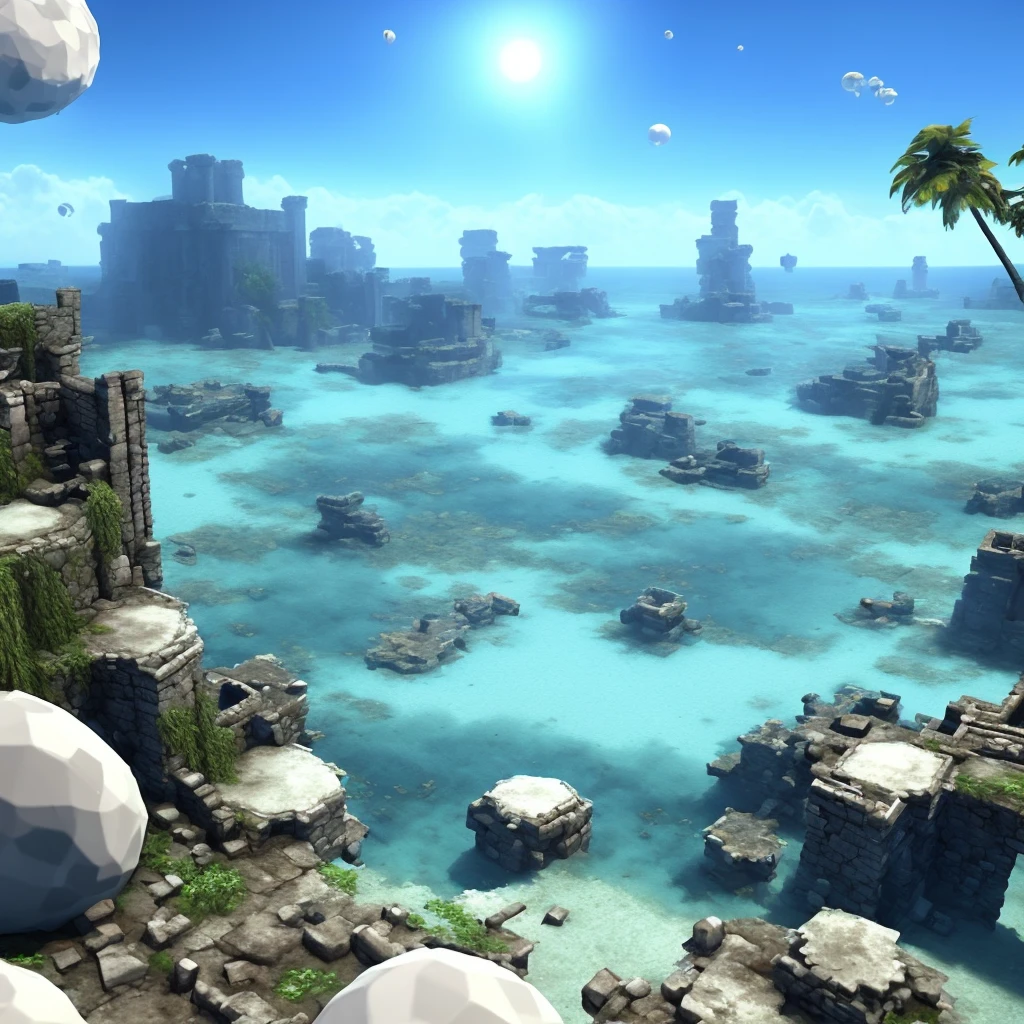 3d polygon games visual .Ancient ruins sunk to the bottom of the sea. There is a large white sphere in the center of the screen. Sea of ​​night. Many pirate ships are floating in the air.