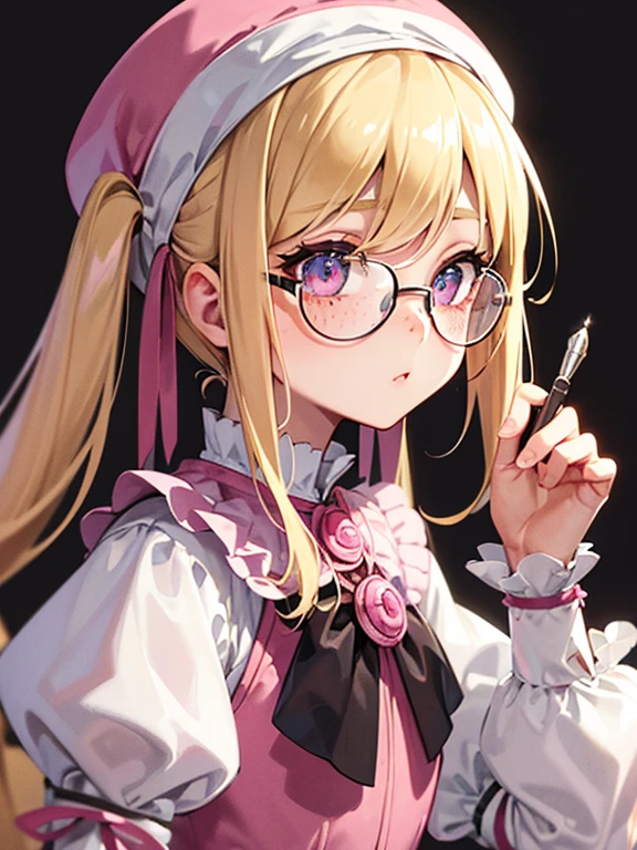 Masterpiece, high quality, Delicate eyes, hyper detail, detailed pen touch, glass-like eyes, 1girl, portrait, sidelighting, wallpaper, blonde hair, gray eye, pink oversize clothes, Tiny short pigtail, pink berret, freckles, pink glasses,  white pleated skirt, all shiny
