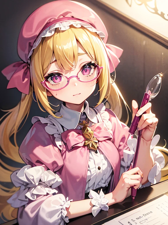 Masterpiece, high quality, Delicate eyes, hyper detail, detailed pen touch, glass-like eyes, 1girl, portrait, sidelighting, wallpaper, blonde hair, gray eye, pink oversize clothes, Tiny short pigtail, pink berret, freckles, pink glasses,  white pleated skirt, all shiny