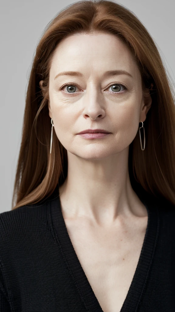 Plano entero , RAW, una mujer,37 years old , ( SFW),looking to the camera, [ gran detalle: ( ojos :Miranda otto),( Eyelids : vesper lynd),(between eyebrows:vesper lynd),(cejas : Vesper lynd),(frente: vesper lynd),(nariz:Miranda Otto),(boca: Miranda Otto),(jawline: Miranda Otto), ( jaw angle: Vesper lynd) ,( pechos: Vesper lynd),(piernas : vesper lynd)],American plane,black background,White V-neck Ribbed Knit Sweater, dark leggings