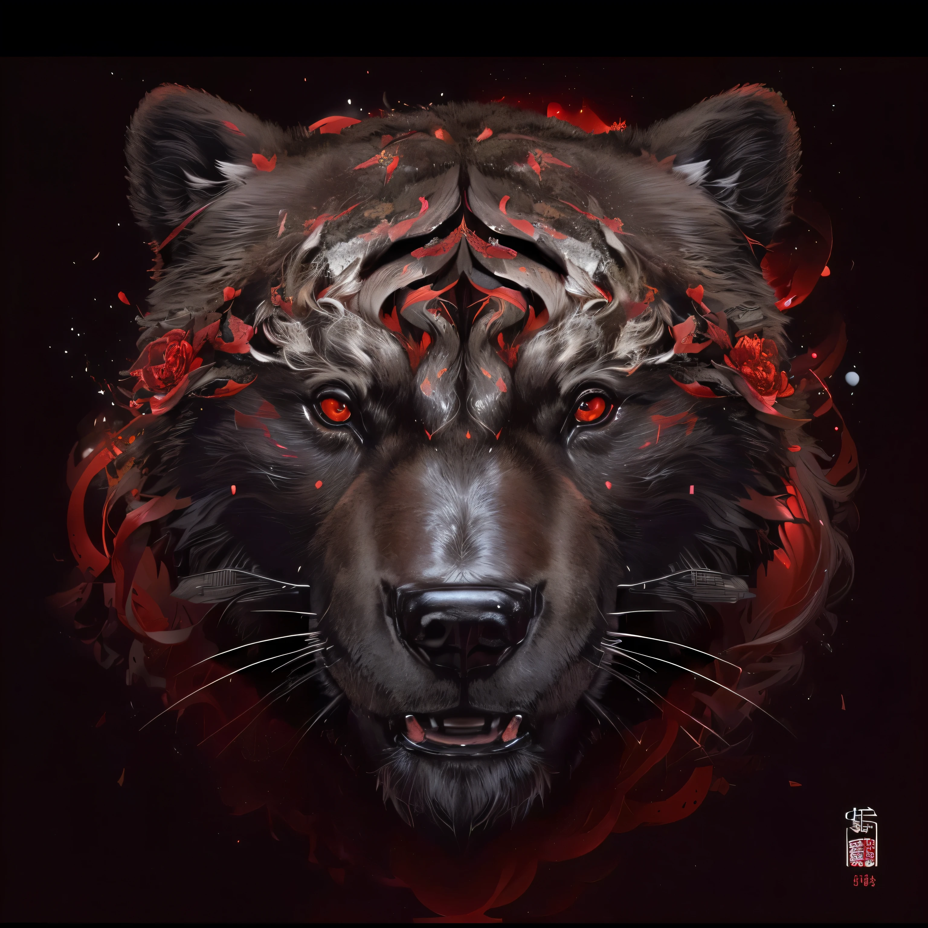 Bear with red eyes on black background, ((Bear)), sacred Bear, Sakimi, cosmic Bear, Bear_beast, Very detailed and hypnotic, Highly detailed number artwork, Bear head, Bear face, number highly detailed, number | complex, a Bear, Beautiful number art，Rich in details, Bear, Highly detailed number art