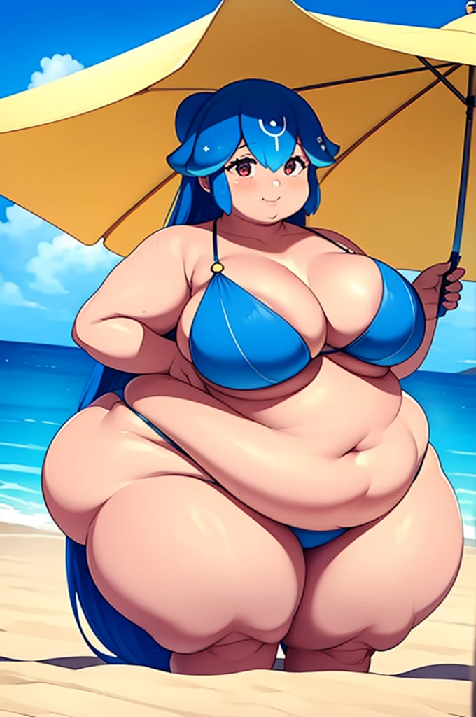 1woman, Bao, obese, big fat, soft, curvy, wide hips, large breasts, big belly, on the beach, beautiful body swimsuit. blue hair. 