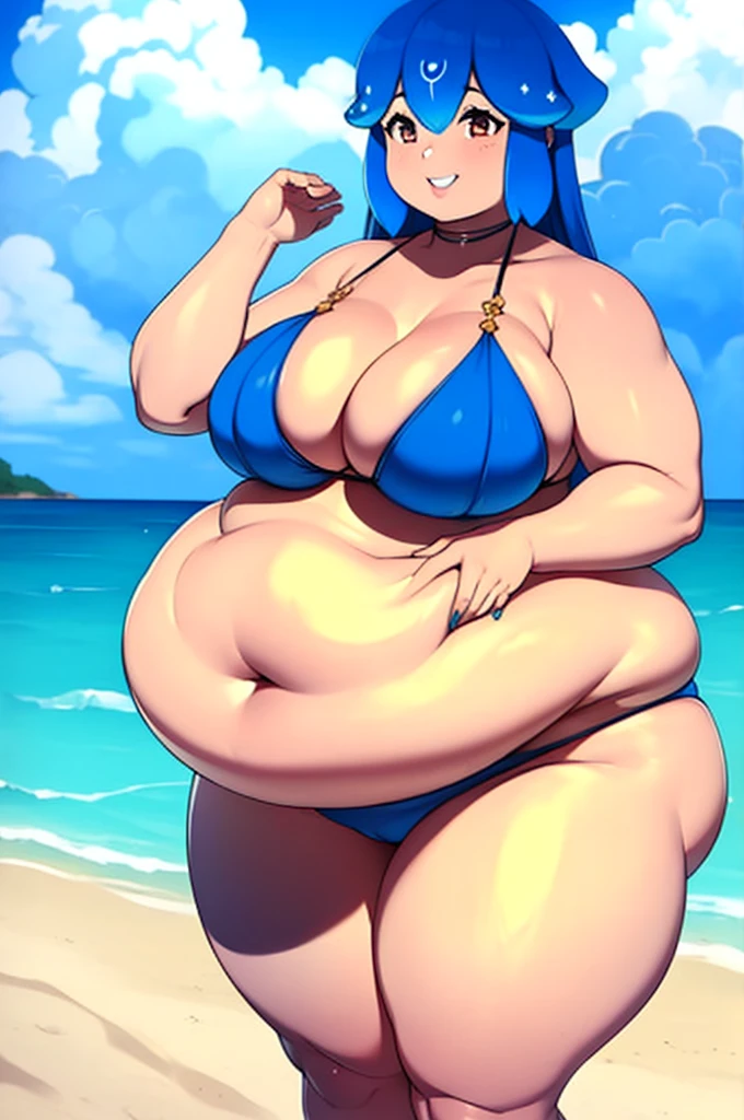1woman, Bao, obese, big fat, soft, curvy, wide hips, large breasts, big belly, on the beach, beautiful body swimsuit. blue hair.