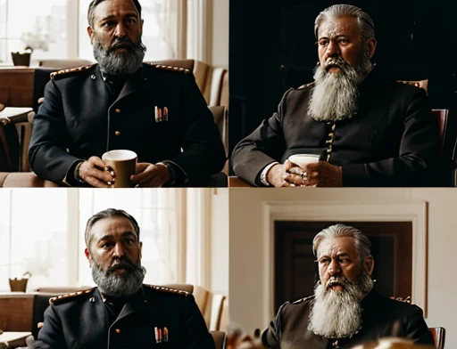 Bottom image shows General Carlos sitting in a modern armchair drinking his coffee The general orders an immediate exploration of the planet he has a large voluminous white beard he has a general's hat on his head he wears a Modern uniform he gesturing with his hands to the viewer, he is plump, chubby, extremely thick thighs, large belly, fat, aged 65, he holds a mug of hot coffee , ambience: dentro de uma nave. Full body photography Full body photography different angles of the image.