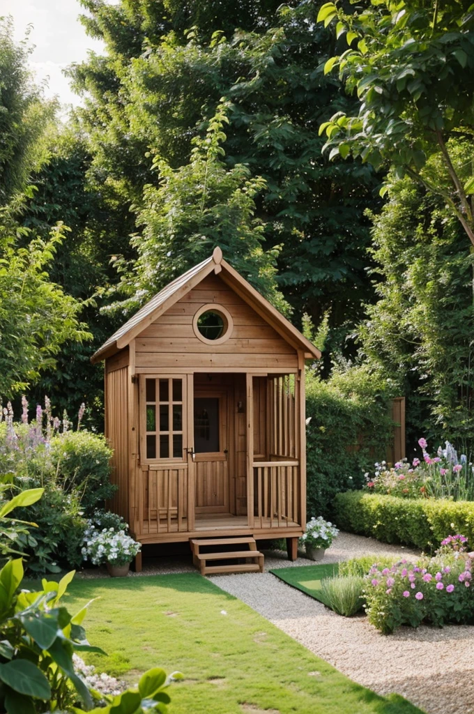 A small house in the garden. The girl has a crib.