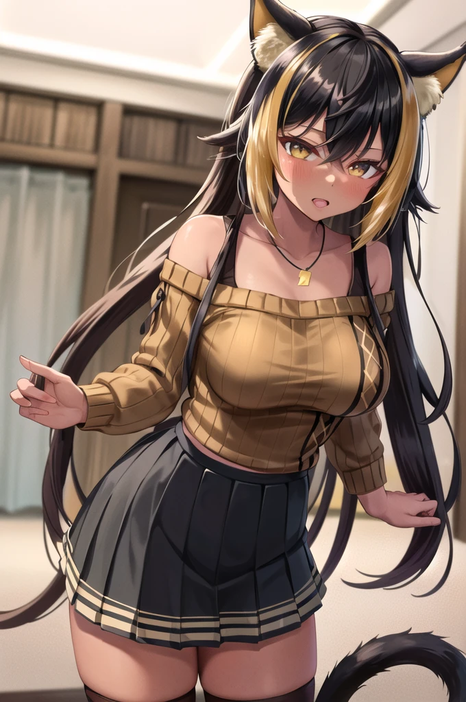 masterpiece, Highest quality, High resolution, hmnc1, Animal ears, tail, Dark Skin, Multicolored Hair, Black knee socks, Off-the-shoulder sweater, Pleated skirt, Black Skirt, jewelry, necklace, Ribbed sweatshirt, clavicle, Cowboy Shot, Are standing, indoor,She lifts her skirt to show me her panties,blush