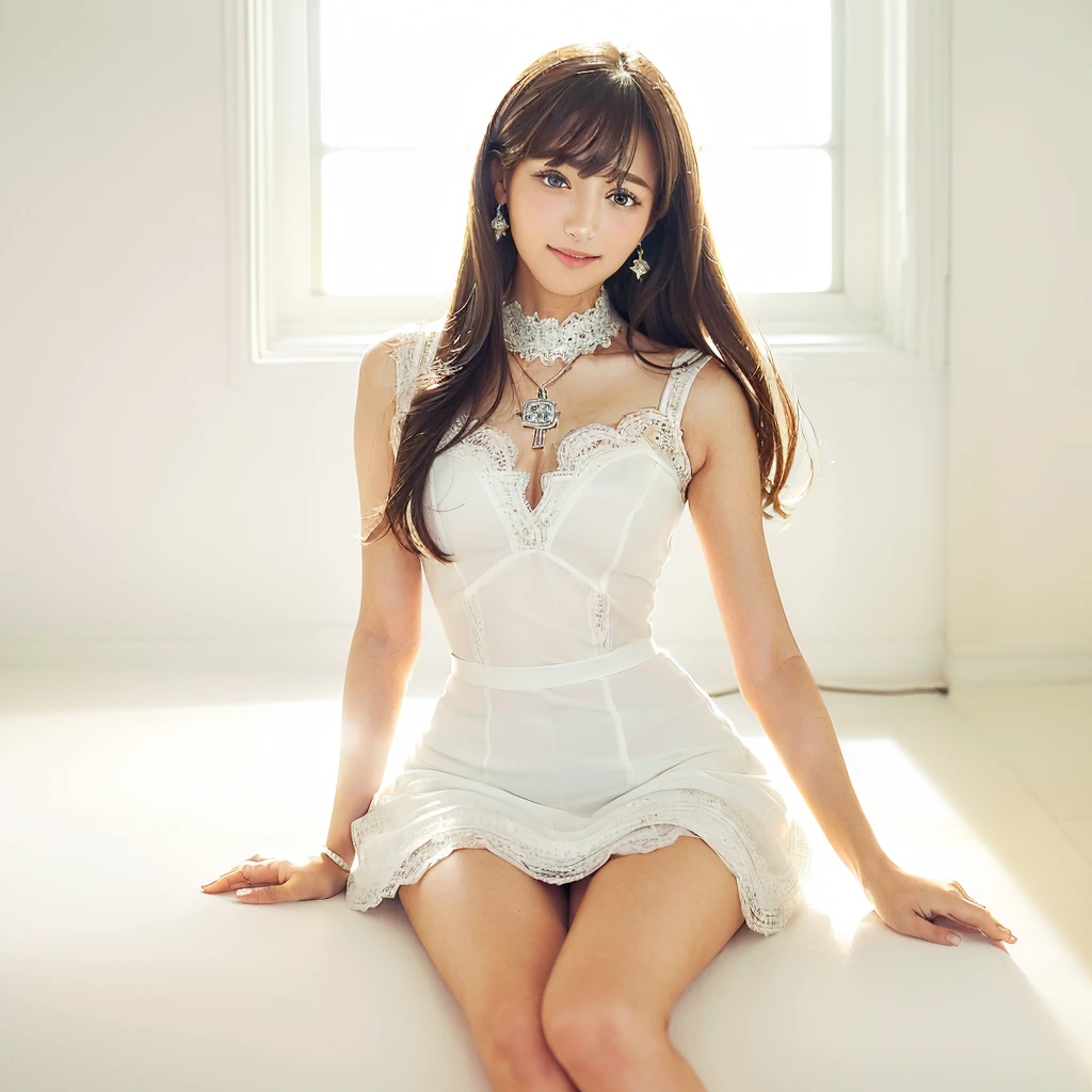 (Highest quality、masterpiece:1.9)、((Neat and clean female college student、1 person))、Soft lighting by a professional photographer、Natural light、((Very spacious white luxurious room:1.6))、((Bright white room:1.6))、(Sitting cross-legged on a very luxurious white bed:1.2)、(White Bookcase:1.1)、Natural soft light、((Brown Hair:1.1))、bangs、Detailed Eyes、double eyelid、((Small Face:1.0))、((Lace dress、mini skirt、Please wear it with the chest open.:1.1))、(smile)、((Girly pose 1.8))、High resolution,、((Long Hair:1.2))、((Full Body Shot:1.2))、Live-action image quality、((Height: 165cm))、Hands in front、Hide your hands between your legs、(bangs:1.1)、