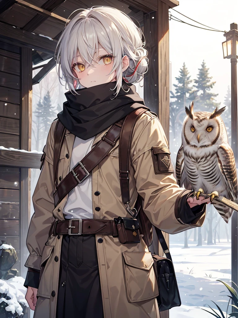 Biological Age : 21
Mental Age : 23
Age Appearance : 20
Gender : Male
Natural Hair Color : Gradient of Golden Buff base (Barn Owl inspiration), Mottled Gray-Brown middle (Great Horned Owl inspiration), Icy White fade (Snowy Owl inspiration). With Rusty Red Highlights (Eastern Screech Owl inspiration)
Current Hair Color : N/A (Original Hair Color)
Hair Style : Medium Half-up Messy Updo with Wispy Fringe
Eye Color : Golden Sun-touched Orange-Yellow Eyes
Zodiac : Cetus
Skin Tone : Pale Flawed Ivory Skin
Scars & Birthmarks : A bowline scar on his left forearm, multiple arrow feather cut scars on his left hand. Discolored right index finger and thumb.
Tattoos : 4 Small Dots under his right eye: The First one has a X on it, the Second is inside a diamond, the Third has 3 Horizontal Lines over I, The Fourth (and last) has the Japanese word “死” under it.
Voice claim : Paul Castro Jr. / Freminet From Genshin
Height : 5,11ft 2.3in (181.2 Cm)
Nationality : Half English Half British
Weight : 158 lbs (71.6676 kg)
Body : Average Lean Toned, Trapezoid Type, Casual Agile Body
Blood type : O-
Apparel Style : Outdoorsy Clothing, Hunter Winter Scarf / Hood with 3 Star Symbols at the End of the Scarf, Belstaff Waxed Cotton Jacket, Leather Bushcraft Backpack with quiver full of arrows, Hunter tool belt with foraging bag.
Species : Human
Background Scenery : Lush and wild Forest, Winter time, Snowing, daytime, Background inside thin White Border, Thin White Border around the Picture, The Character is outside the Outline