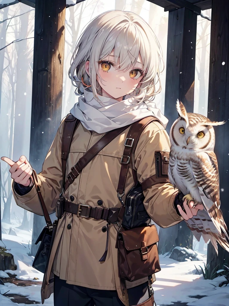 Biological Age : 21
Mental Age : 23
Age Appearance : 20
Gender : Male
Natural Hair Color : Gradient of Golden Buff base (Barn Owl inspiration), Mottled Gray-Brown middle (Great Horned Owl inspiration), Icy White fade (Snowy Owl inspiration). With Rusty Red Highlights (Eastern Screech Owl inspiration)
Current Hair Color : N/A (Original Hair Color)
Hair Style : Medium Half-up Messy Updo with Wispy Fringe
Eye Color : Golden Sun-touched Orange-Yellow Eyes
Zodiac : Cetus
Skin Tone : Pale Flawed Ivory Skin
Scars & Birthmarks : A bowline scar on his left forearm, multiple arrow feather cut scars on his left hand. Discolored right index finger and thumb.
Tattoos : 4 Small Dots under his right eye: The First one has a X on it, the Second is inside a diamond, the Third has 3 Horizontal Lines over I, The Fourth (and last) has the Japanese word “死” under it.
Voice claim : Paul Castro Jr. / Freminet From Genshin
Height : 5,11ft 2.3in (181.2 Cm)
Nationality : Half English Half British
Weight : 158 lbs (71.6676 kg)
Body : Average Lean Toned, Trapezoid Type, Casual Agile Body
Blood type : O-
Apparel Style : Outdoorsy Clothing, Hunter Winter Scarf / Hood with 3 Star Symbols at the End of the Scarf, Belstaff Waxed Cotton Jacket, Leather Bushcraft Backpack with quiver full of arrows, Hunter tool belt with foraging bag.
Species : Human


Background Scenery : Lush and wild Forest, Winter time, Snowing, daytime, Background inside thin White Border, Thin White Border around the Picture, The Character is outside the Outline


