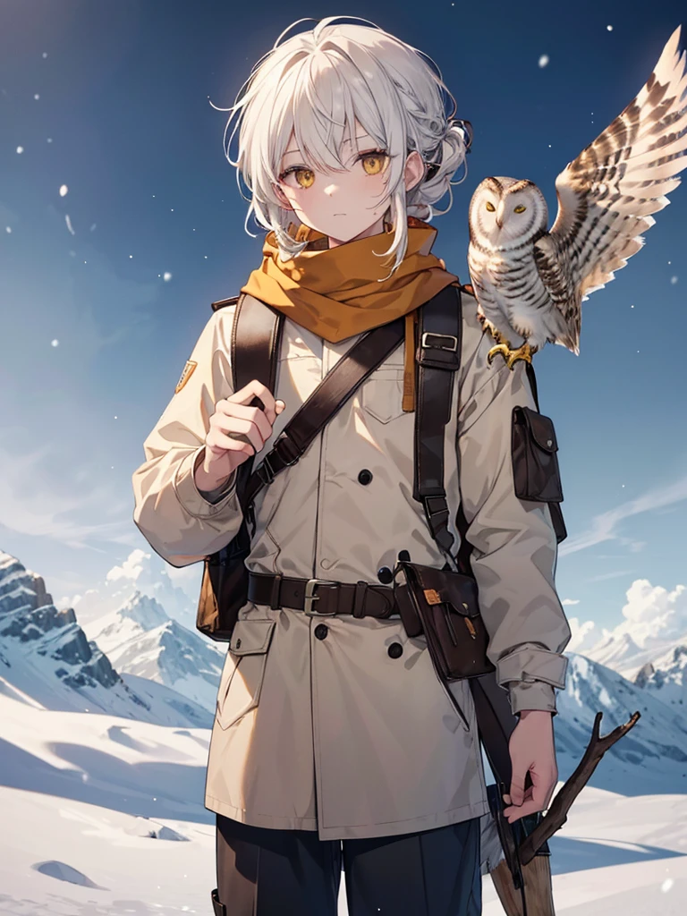 Biological Age : 21
Mental Age : 23
Age Appearance : 20
Gender : Male
Natural Hair Color : Gradient of Golden Buff base (Barn Owl inspiration), Mottled Gray-Brown middle (Great Horned Owl inspiration), Icy White fade (Snowy Owl inspiration). With Rusty Red Highlights (Eastern Screech Owl inspiration)
Current Hair Color : N/A (Original Hair Color)
Hair Style : Medium Half-up Messy Updo with Wispy Fringe
Eye Color : Golden Sun-touched Orange-Yellow Eyes
Zodiac : Cetus
Skin Tone : Pale Flawed Ivory Skin
Scars & Birthmarks : A bowline scar on his left forearm, multiple arrow feather cut scars on his left hand. Discolored right index finger and thumb.
Tattoos : 4 Small Dots under his right eye: The First one has a X on it, the Second is inside a diamond, the Third has 3 Horizontal Lines over I, The Fourth (and last) has the Japanese word “死” under it.
Voice claim : Paul Castro Jr. / Freminet From Genshin
Height : 5,11ft 2.3in (181.2 Cm)
Nationality : Half English Half British
Weight : 158 lbs (71.6676 kg)
Body : Average Lean Toned, Trapezoid Type, Casual Agile Body
Blood type : O-
Apparel Style : Outdoorsy Clothing, Hunter Winter Scarf / Hood with 3 Star Symbols at the End of the Scarf, Belstaff Waxed Cotton Jacket, Leather Bushcraft Backpack with quiver full of arrows, Hunter tool belt with foraging bag.
Species : Human


Background Scenery : Lush and wild Forest, Winter time, Snowing, daytime, Background inside thin White Border, Thin White Border around the Picture, The Character is outside the Outline


