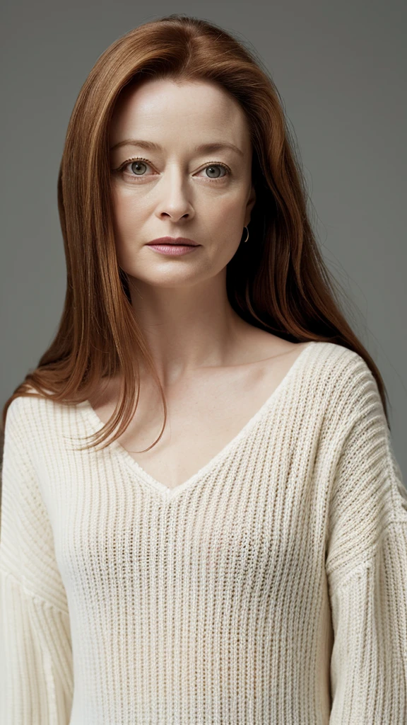 Plano entero , RAW, una mujer,37 years old , ( SFW),looking to the camera, [ gran detalle: ( ojos :Miranda otto),( Eyelids : vesper lynd),(between eyebrows:vesper lynd),(cejas : Vesper lynd),(frente: vesper lynd),(nariz:Miranda Otto),(boca: Miranda Otto),(jawline: Miranda Otto), ( jaw angle: Vesper lynd) ,( pechos: Vesper lynd),(piernas : vesper lynd)],American plane,black background,White V-neck Ribbed Knit Sweater, dark leggings