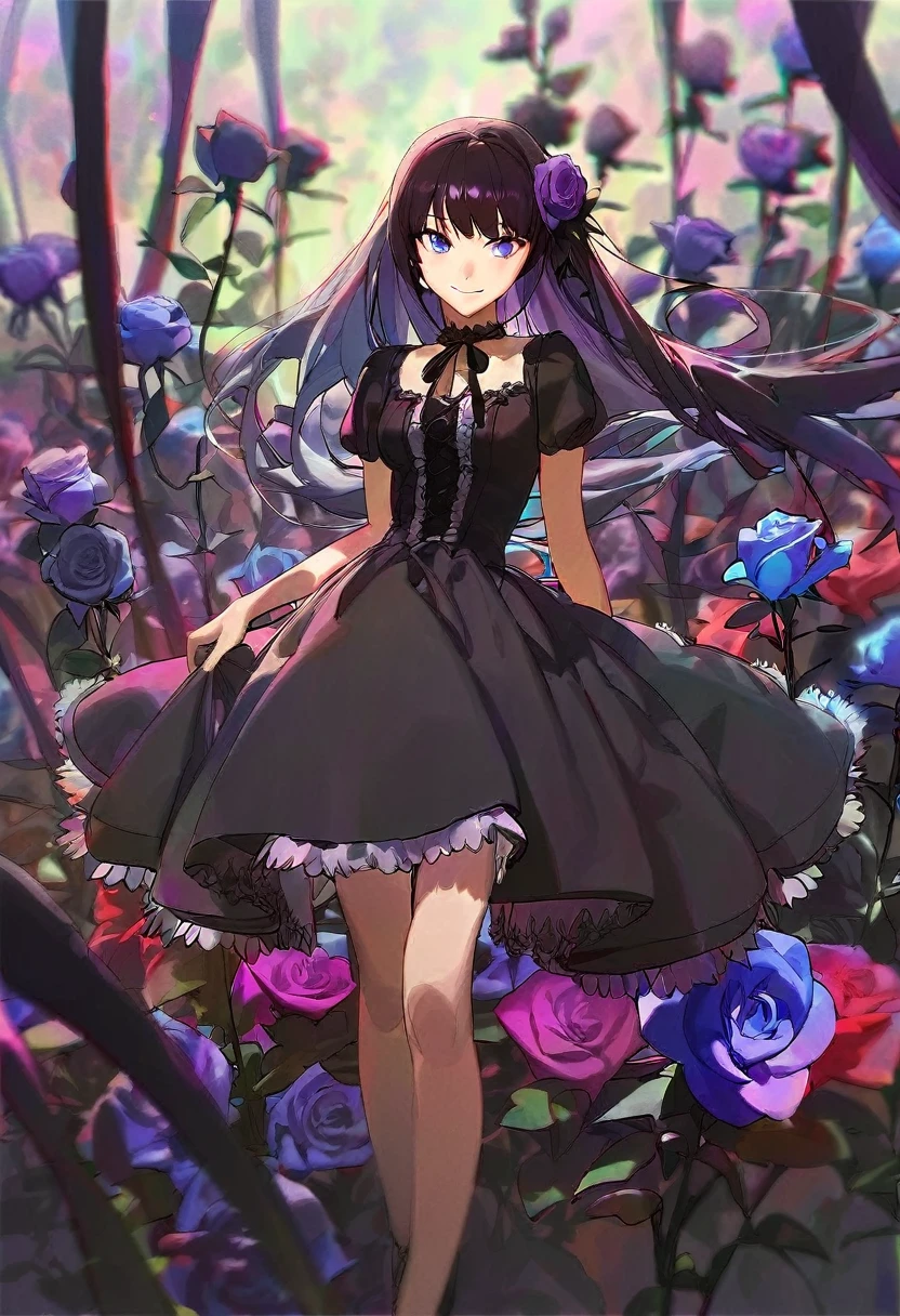 A girl surrounded by black roses, in fantasy world, full body, scared, black long hair, Purple mix blue eyes, in black dress with frills and lace, Thin smile, aesthetic, beautiful color, (amazing quality:1.5), by modare, by ask, by ikky, depth of field, chromatic aberration, black theme, perspective, amazing lighting and shadow
