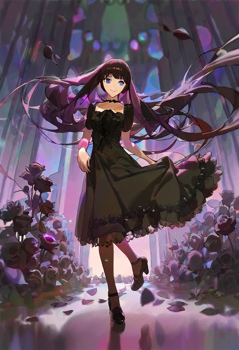 A girl surrounded by black roses, in fantasy world, full body, scared, black long hair, Purple mix blue eyes, in black dress with frills and lace, Thin smile, aesthetic, beautiful color, (amazing quality:1.5), by modare, by ask, by ikky, depth of field, chromatic aberration, black theme, perspective, amazing lighting and shadow
