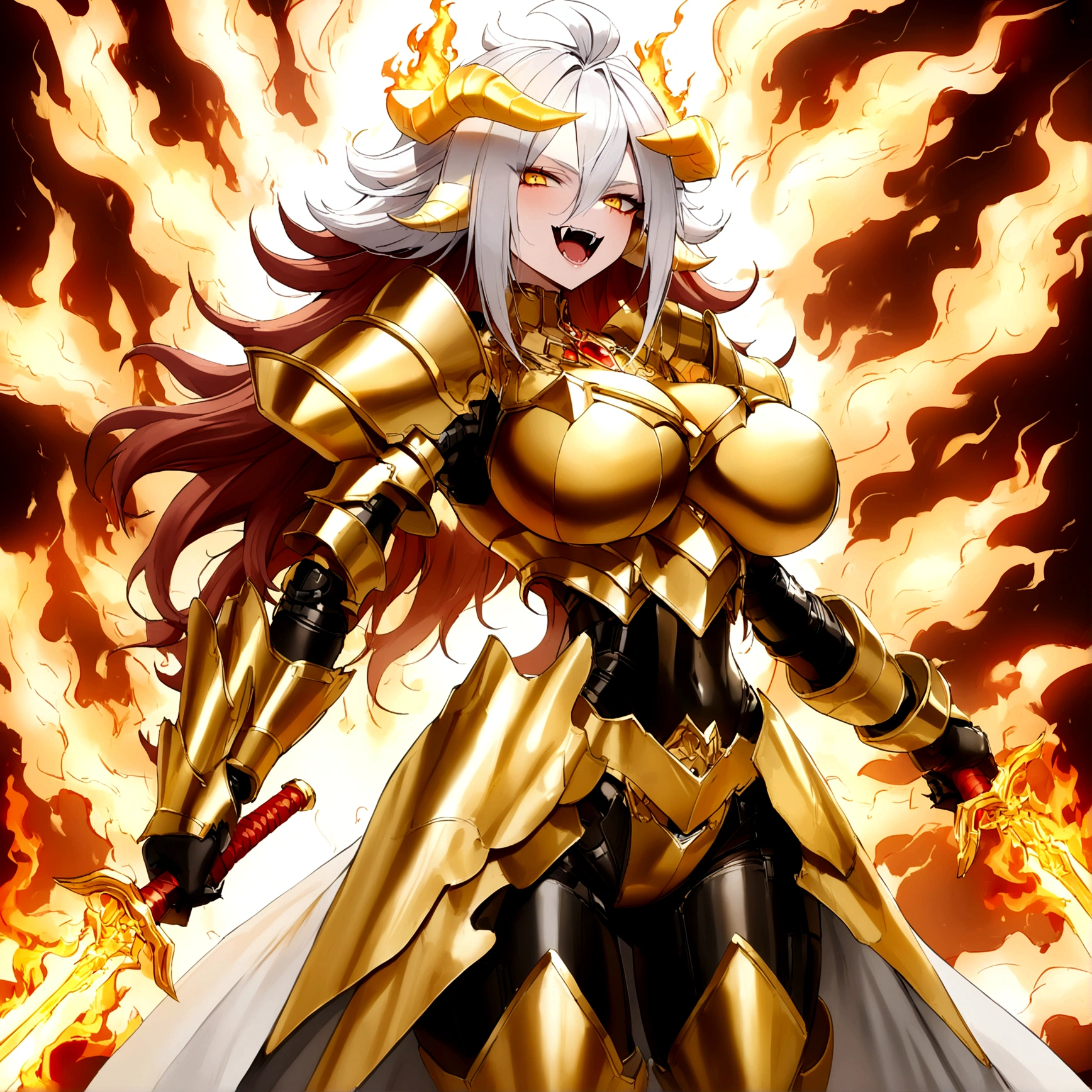 ((Lightning Power)), ((Electricity)), ((Fire Background)), ((Lightning Storm)), ((Power Erupting)),((((android 21 Evil)))), (((white Coat))), (((Busty))), (((((Big breast:1,3)))), luxury bustier corset, (((silver hair))), (((Very slim waist))), propotional body, ((Gorgeous)), (((gold wings))), masterpiece, hyperdetail, ambient effect, digital effect, (((Fangs))), (((FIRE SWORD)), (((Lightning Sword))), (((Fire Gold Armor))), (((Lightning Gold Wings))), (((Fire Blazing Horns)))