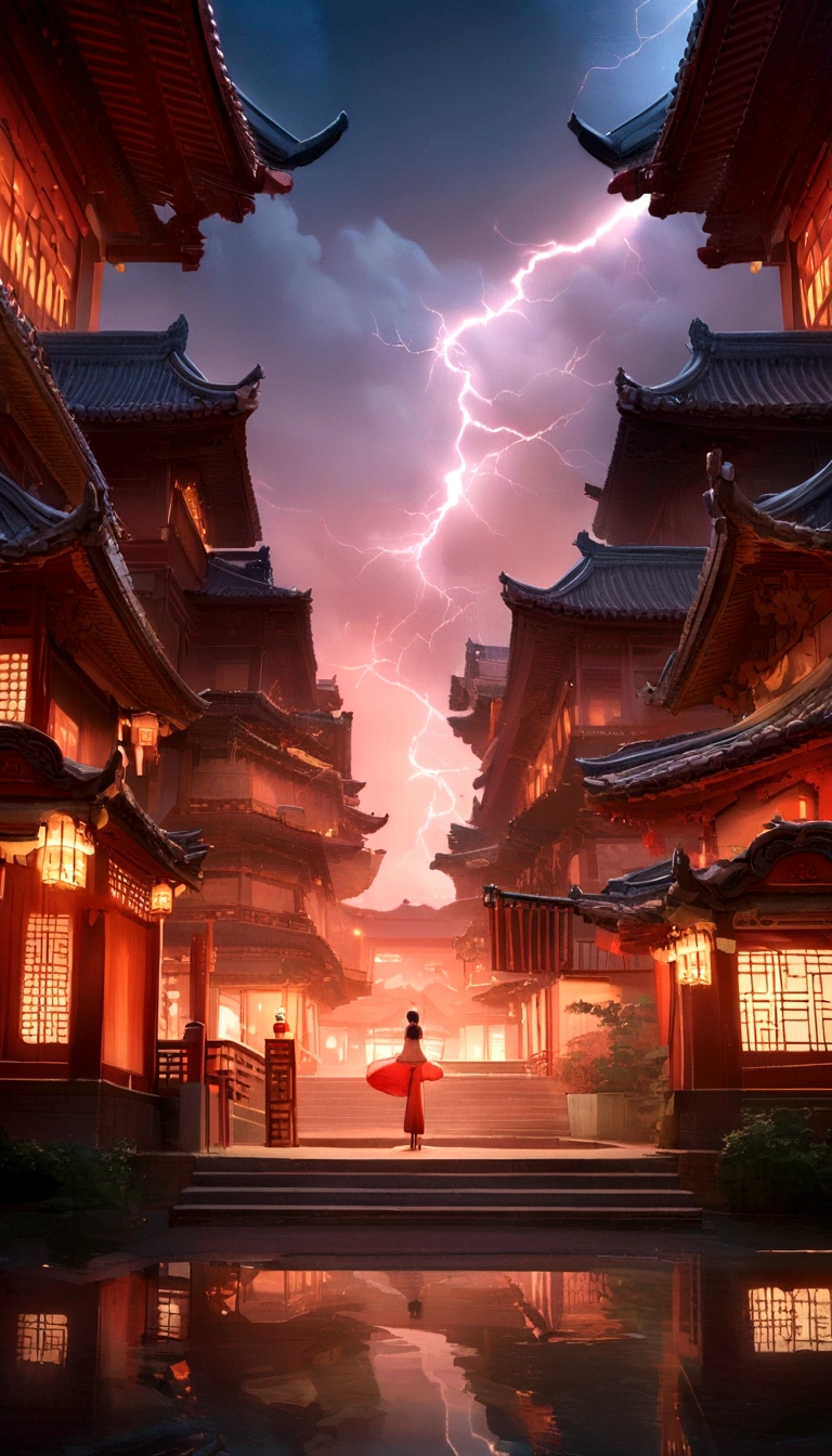 ((Main Part))，(Better quality))，Vision，Lightning around，Sword Rain，Beijing style Chinese architecture，meteor砸向建筑，meteor，Glow Effect，Surrealism，Super real photos，8K，Super fine，high quality