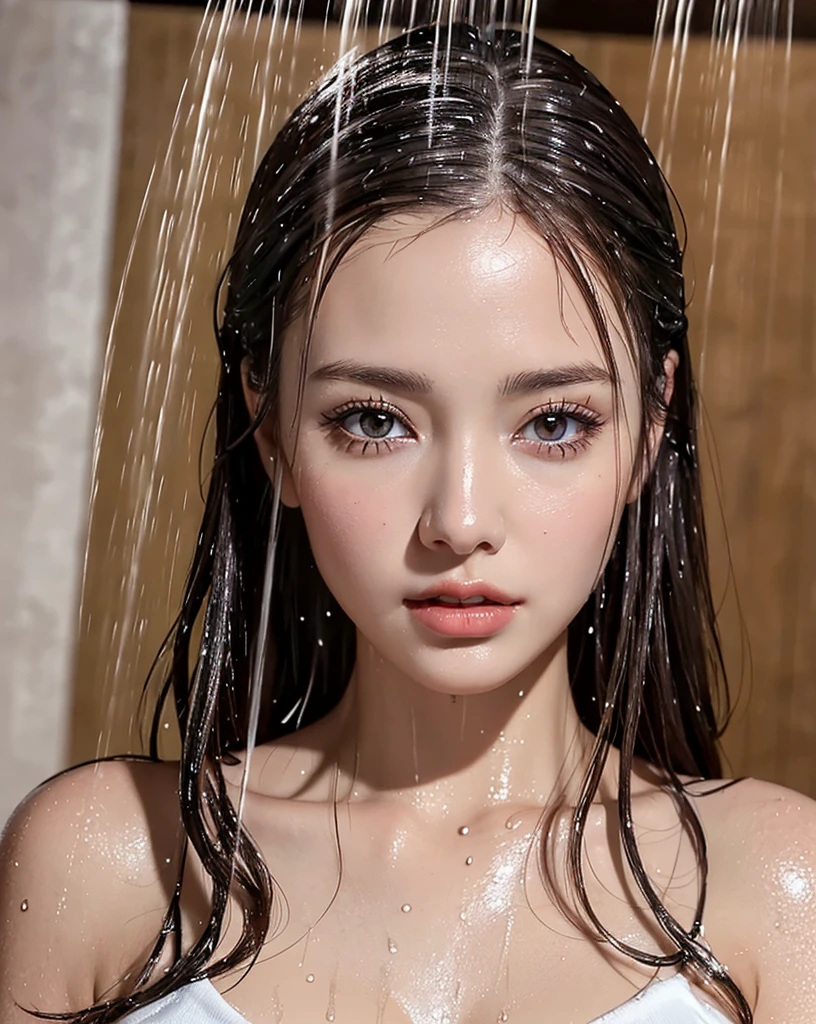 (Best quality, 4k, Masterpiece :1.3), pretty woman, 1girl, sexy :1.1, dark brown hair: 1.1, (shower wet, wet from shower, wet body :1.2), white tank tops, ultra-detailed face, detailed lips, detailed eyes, double eyelid
