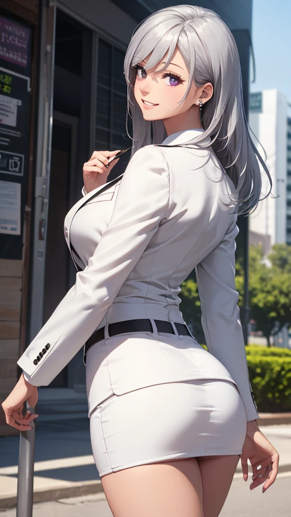 (masterpiece:1.2, top-quality), (realistic, photorealistic:1.4), beautiful illustration, (natural side lighting, movie lighting),
looking at viewer, cowboy shot, front view, 1 girl, japanese, high school girl, perfect face, cute and symmetrical face, shiny skin, babyface,
(long hair, straight hair, silver hair), hair between eyes, purple eyes, (middle breasts, seductive thighs, big ass), piercings,
beautiful hair, beautiful face, beautiful detailed eyes, beautiful clavicle, beautiful body, beautiful chest, beautiful thigh, beautiful legs, beautiful fingers,
((long sleeves, white collared shirt, black suit jacket, black pencil mini skirt), id card, strap, black high heels),
(beautiful scenery), evening, park, walking, (lovely smile, upper eyes), big tits, ((high resolution face)), plump, (((ass))), (((low angle shot))), (((back)))