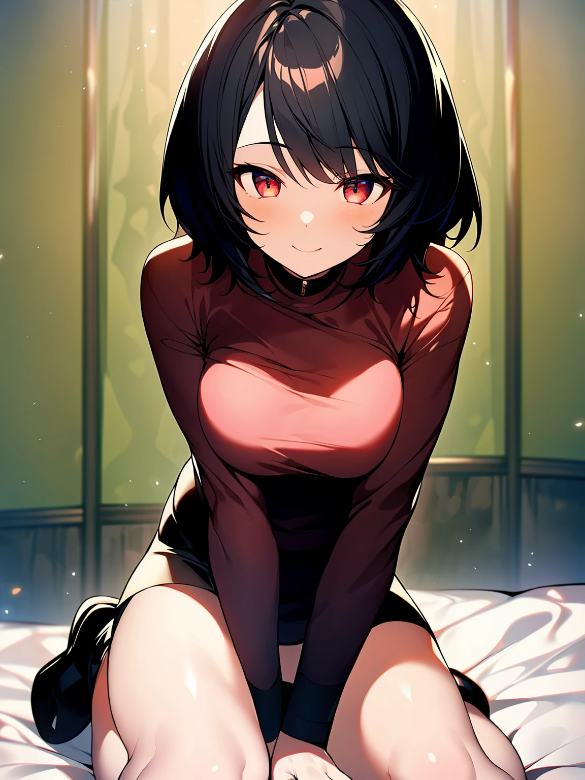 (masterpiece, highest quality, highest quality, (No text), Beautiful and aesthetic:1.2),No text,anime、 BREAK,One Girl，Short black hair　Beautiful eyes　Red eyes　cool　smile　cute　Black jacket　mini skirt　whole body　night