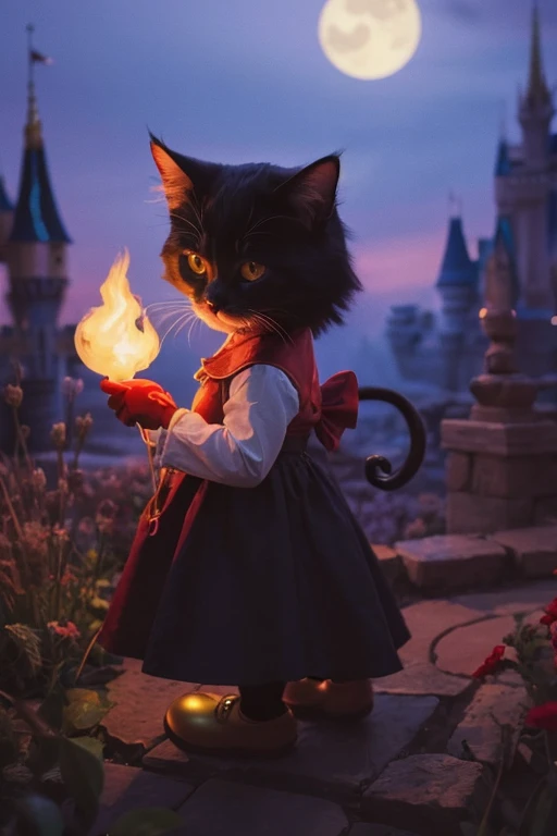 ((Highest quality)), ((masterpiece)), ((real)), ((Disney style)), devil,Face is a cute cat,back ground color is dark &
