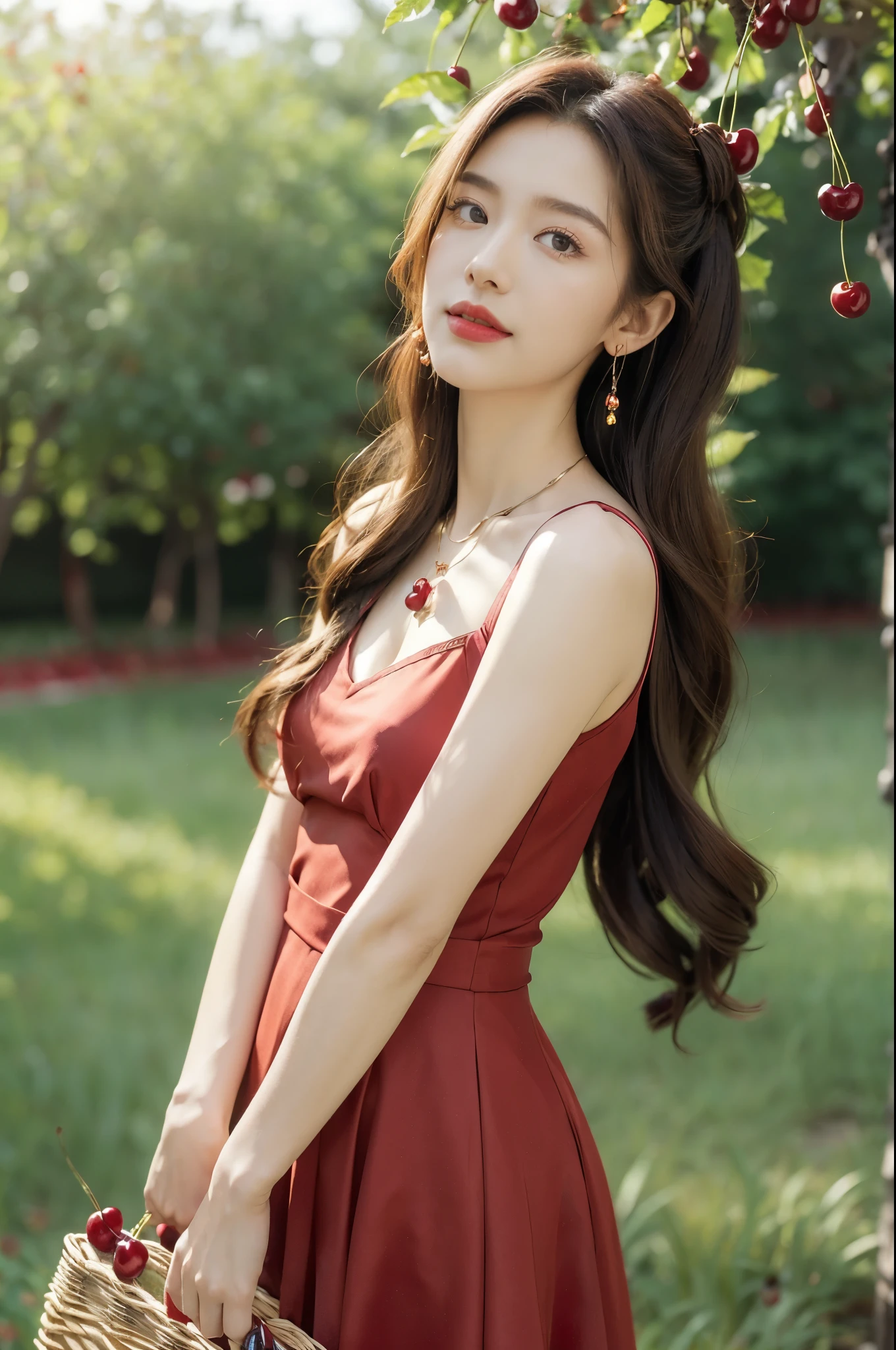 (((best quality))),(((ultra detailed))),(((masterpiece))),illustration,1 beautiful girl,solo,earrings,necklace,medium straight hair,slim,flat chest,red dress,summer,(cherry orchard full of red cherries:1.3),sunlight,dappled light,fair skin,smile,(ripest cherries on the trees:1.3),red lips,peaceful,summer breeze,hair fluttering,setting sun,radiant hue,beauty grace,basket,upper body,pantyhose,slender legs,arms behind back,from front