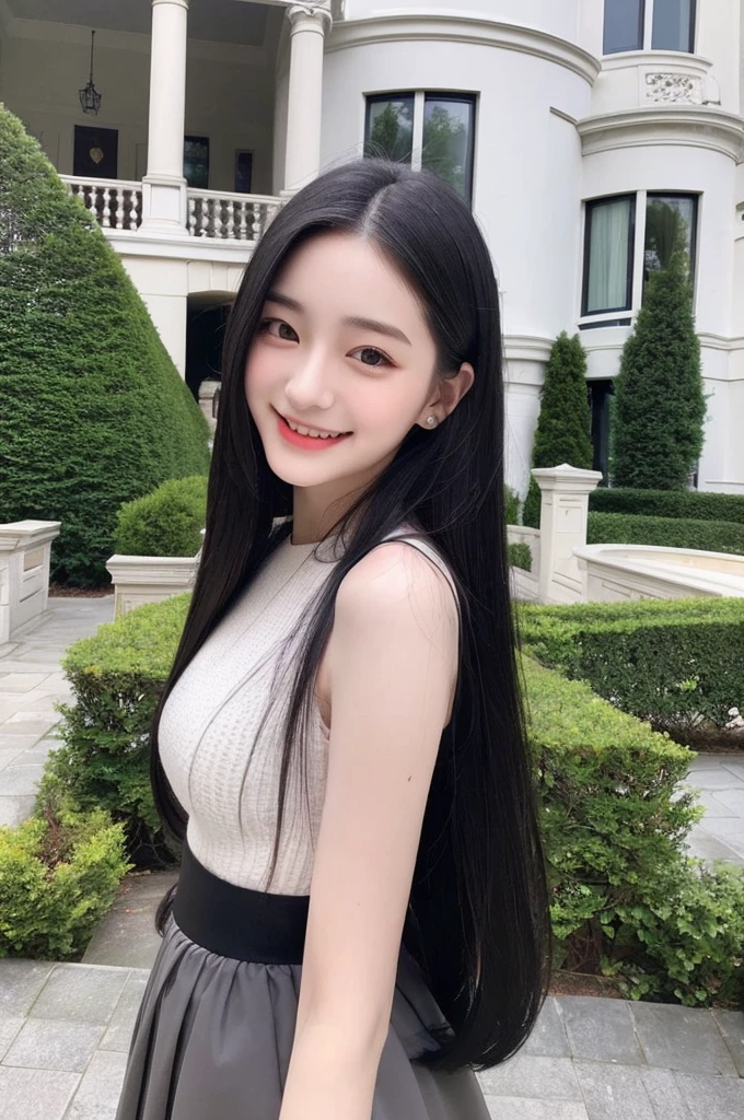 22-year-old girl, with gray eyes, pale white skin, slim figure, smiling, black hair, fashionable, photo taken with an ultra-realistic professional camera, she is in a mansion on the facade