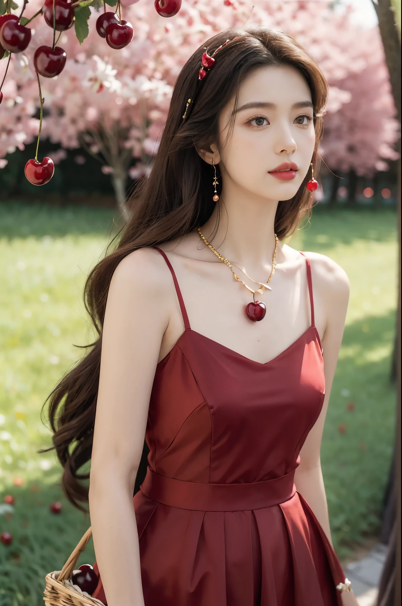 (((best quality))),(((ultra detailed))),(((masterpiece))),illustration,1 beautiful girl,solo,earrings,necklace,medium straight hair,slim,flat chest,red dress,summer,(cherry orchard full of red cherries:1.3),sunlight,dappled light,fair skin,smile,(ripest cherries on the trees:1.3),red lips,peaceful,summer breeze,hair fluttering,setting sun,radiant hue,beauty grace,basket,upper body,pantyhose,slender legs,arms behind back,from front
