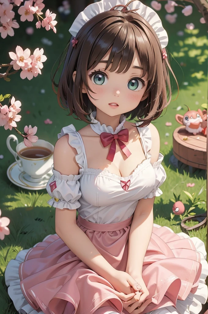 masterpiece, best quality, highres, perfect pixel, depth of field, 1girl, single, solo, beautiful anime girl, beautiful artstyle, (beautiful eyes), (detailed face), (blush), anime CG style, (medium breasts), good lighting, perfect body, lips parted, (sakura kinomoto:1.3), glossy lips, (maid), Off the shoulder、cleavage,  bright eyes,  (short hair:1.3)、Tea party、			
kinomoto sakura, cardcaptor sakura, ****, , green eyes, antenna hair, light brown hair, hair intakes, bangs,