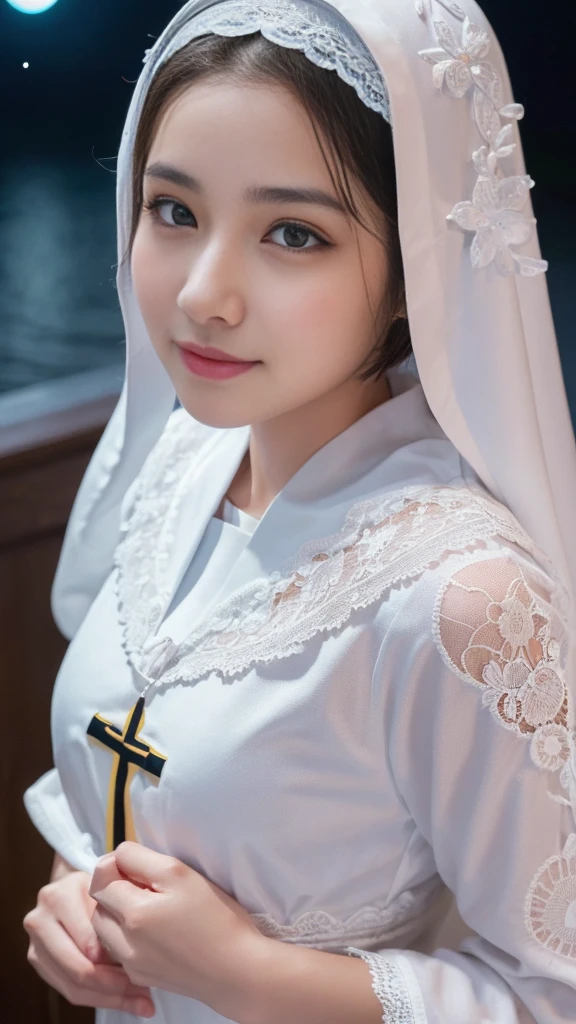 (She shows the vagina to God:1.5),(A Ultra cute young Japanese nun:1.75),(she wearing a decorated with lace nun costume slim fit:2.0),(beautiful detailed eyes:2.0),beautiful detailed lips, (extremely detailed cute face:2.0), longeyelashes, (slender woman body:2.0), (beautiful short hair:2.0), (natural makeup,big smile:1.5), incredibly beautiful skin,(professional lighting, bright lighting, photorealistic, 8k, high resolution, best quality, masterpiece, ultra-detailed:1.75), vivid colors, (Moonlit Night:1.5),(The moonlight shines on her face:1.2),(She is in the convent:1.2)