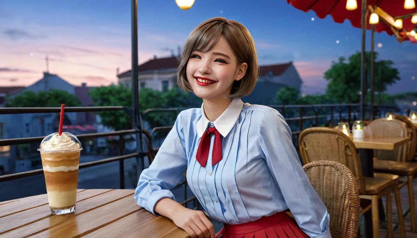 (8k, Highest quality, masterpiece:1.2), (SFW:1.3), (Realistic, photo-Realistic:1.37), Super detailed, 1 Girl,cute, alone,Beautifully detailed skies,Detailed Cafe,night,Sitting,Date,(Red nose),(smile:1.1),(Mouth closed) Medium chest,Beautiful attention to detail,(Collared shirt:1.1), bow tie,Pleated skirt,(short hair:1.2),Floating Hair