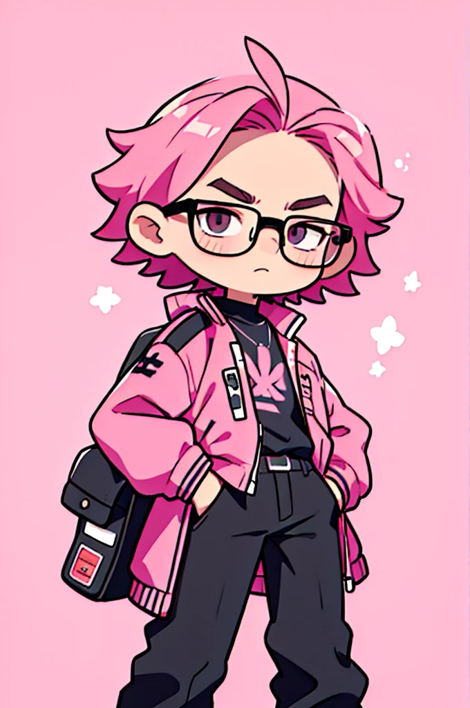 black pants, Sharp image, man, pink hair, wearing a pink jacket. , has a dull, bored face, wears round glasses, has short, neat hair,