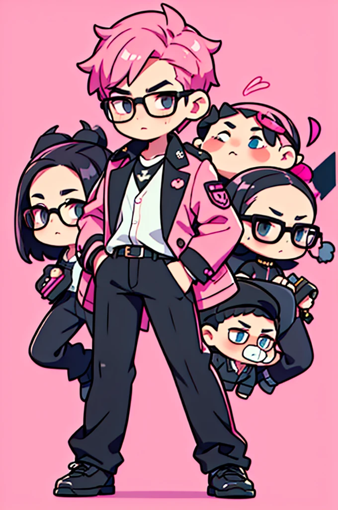 black pants, Sharp image, man, pink hair, wearing a pink jacket. , has a dull, bored face, wears round glasses, has short, neat hair,
