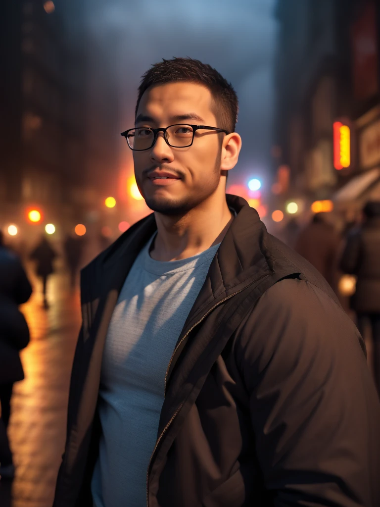 An award-winning original photo，a handsome 38-year-old man, crew cut, (((full body))), (((landscape))), mature man, [slightly fat], asian man, brown eyes, rounded face, glasses, slightly balding, 1boy, Solo, (big shoulders), (((stubbles, Short beard))), (((full beard))), (Beautiful eyes:1.3), (Detailed face:1.3), wearing glasses, Dynamic Angle, volumetric lighting, (Best quality, A high resolution, Photorealistic), Cinematic lighting, Masterpiece, RAW photo, Intricate details, (extremely detailed 8k wallpaper), masterpiece 16k photo, city street, neon, fog, volumetric, closeup portrait photo of youngish man in dark clothes