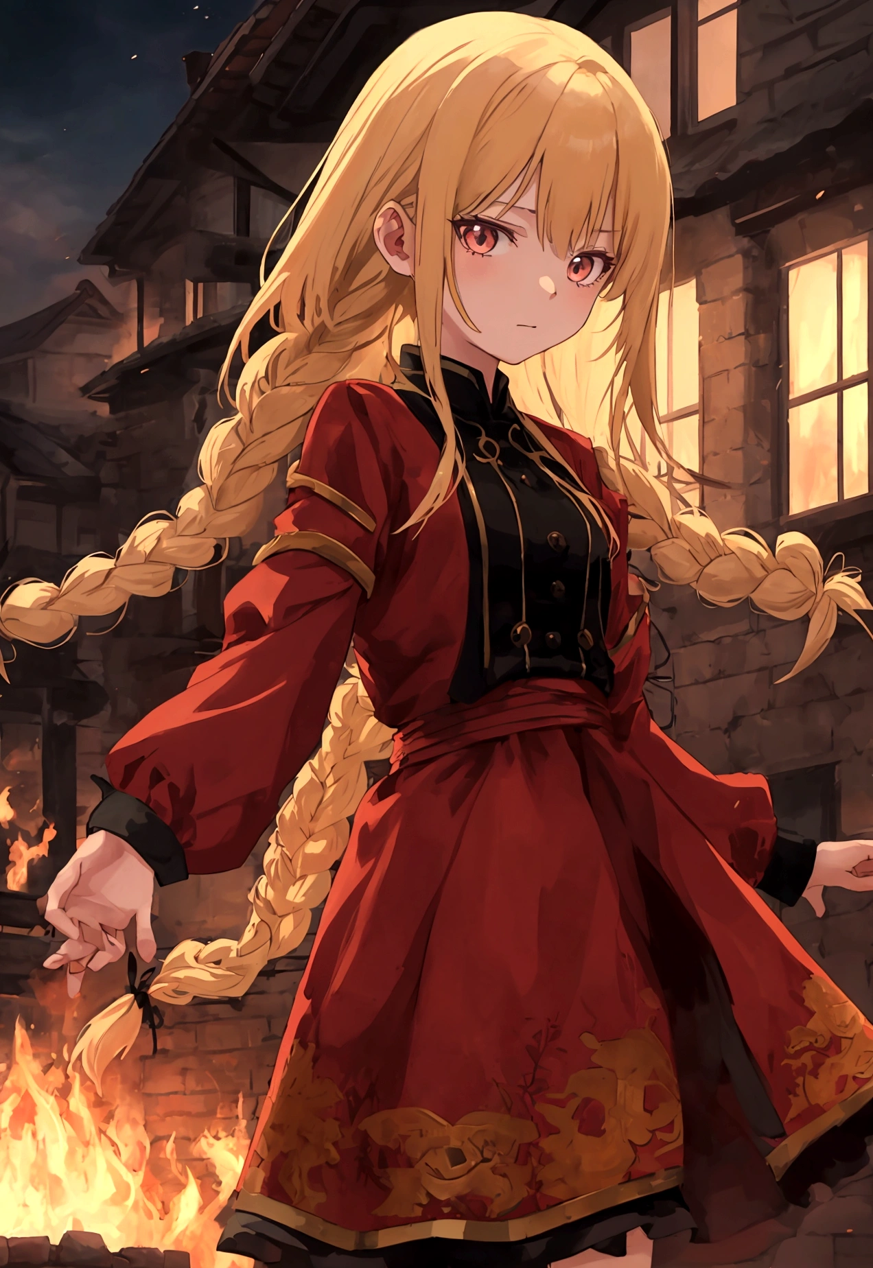 slavian girl anime fire on background, the village is burning, the girl is standing sideways, blonde, long braid, anger