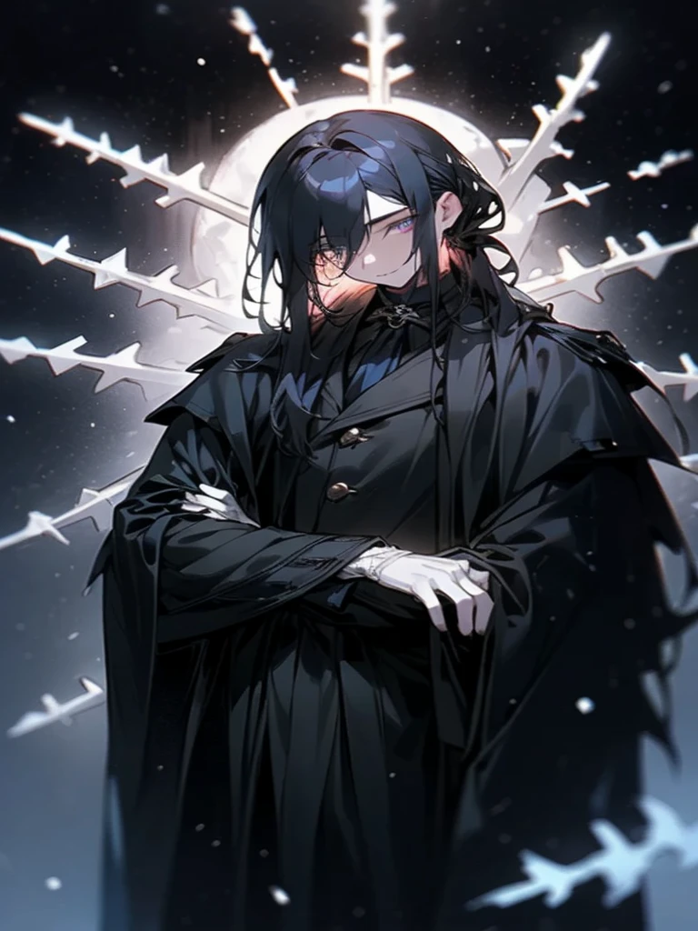 ((((High contrast))) 1man serious, standing, (((segmented body)), [mechanical body], (segmented waist), (doll waist), (black hair, dark black hair over eye:1), long hair cut, pale skin, ((brown eyes)), ((glowing_eyes)), (((ultra detailed eyes:0.7, beautiful and detailed face, detailed eyes:0.9))), ((centered)), (wide shot), facing viewer, (((outdoors, darkness, falling leaves:0.9))), medium build, looking at viewer, ((half closed eyes)), ((perfect hands)), (((head:1, arms, hips in view, elbows, thighs, in view))), ((hands at sides)), determined eyes, beautiful lighting, outside, outdoors, background, ((defined subject)), 25 years old, (head tilt), (((cool))), ((lively)), (((high contrast)))