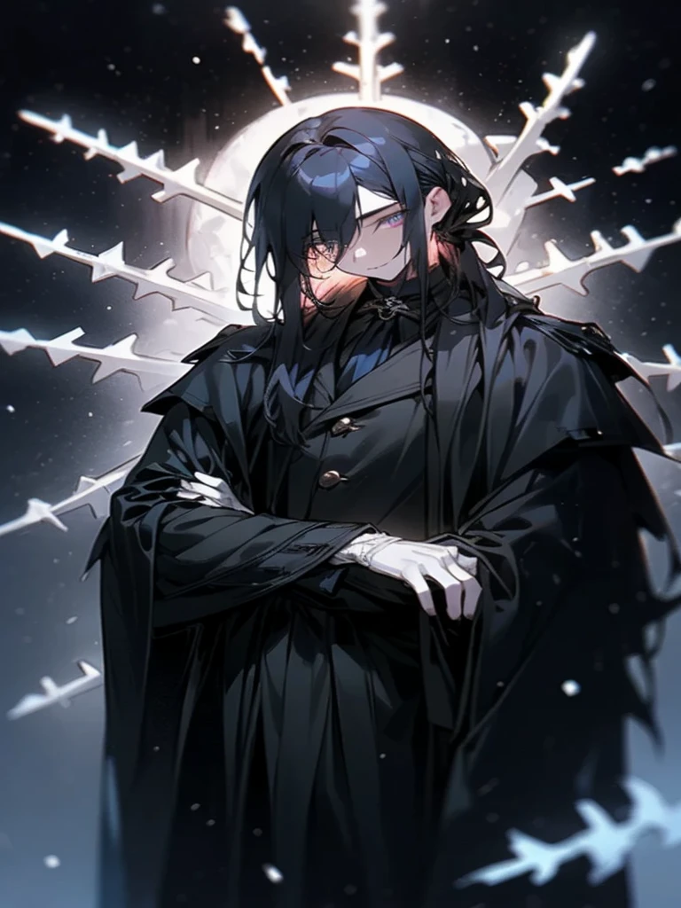 ((((High contrast))) 1man serious, standing, (((segmented body)), [mechanical body], (segmented waist), (doll waist), (black hair, dark black hair over eye:1), long hair cut, pale skin, ((brown eyes)), ((glowing_eyes)), (((ultra detailed eyes:0.7, beautiful and detailed face, detailed eyes:0.9))), ((centered)), (wide shot), facing viewer, (((outdoors, darkness, falling leaves:0.9))), medium build, looking at viewer, ((half closed eyes)), ((perfect hands)), (((head:1, arms, hips in view, elbows, thighs, in view))), ((hands at sides)), determined eyes, beautiful lighting, outside, outdoors, background, ((defined subject)), 25 years old, (head tilt), (((cool))), ((lively)), (((high contrast)))