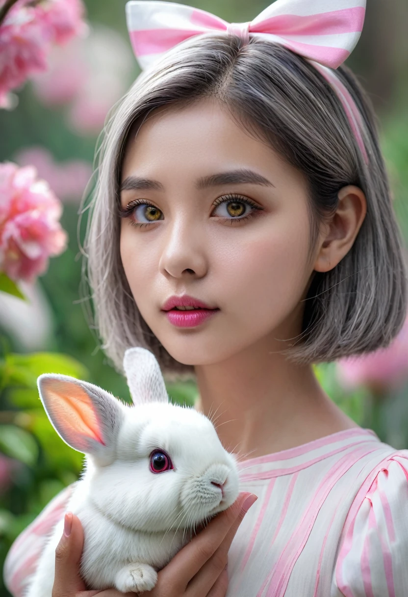 details, realism, 4K, girl, detailsใบหน้า, big yellow eyes, plump lips, Upturned nose, Gray hair with pink stripes, in white dress, with a rabbit in hand, flowers in the background, White butterfly ie foreground, Realistic shooting, depth of field, Weak headlights, glow, HDR (muted colors: 1.2), Canon RF 100mm. F2.8L Macro IS USM