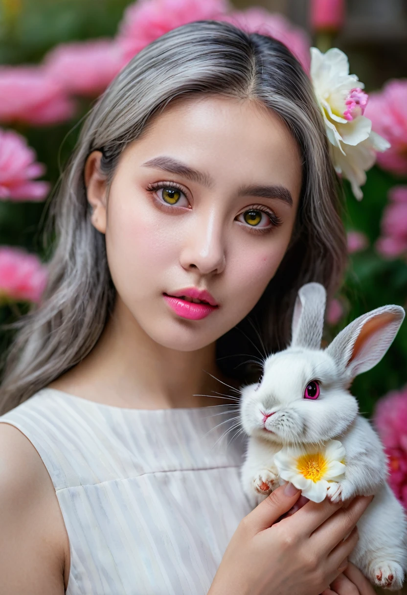 details, realism, 4K, 15 year old girl, detailsใบหน้า, big yellow eyes, plump lips, Upturned nose, Gray hair with pink stripes, in white dress, with a rabbit in hand, flowers in the background, White butterfly in the foreground, Realistic shooting, depth of field, Weak headlights, glow, HDR (muted colors: 1.2), Canon RF 100mm. F2.8L Macro IS USM