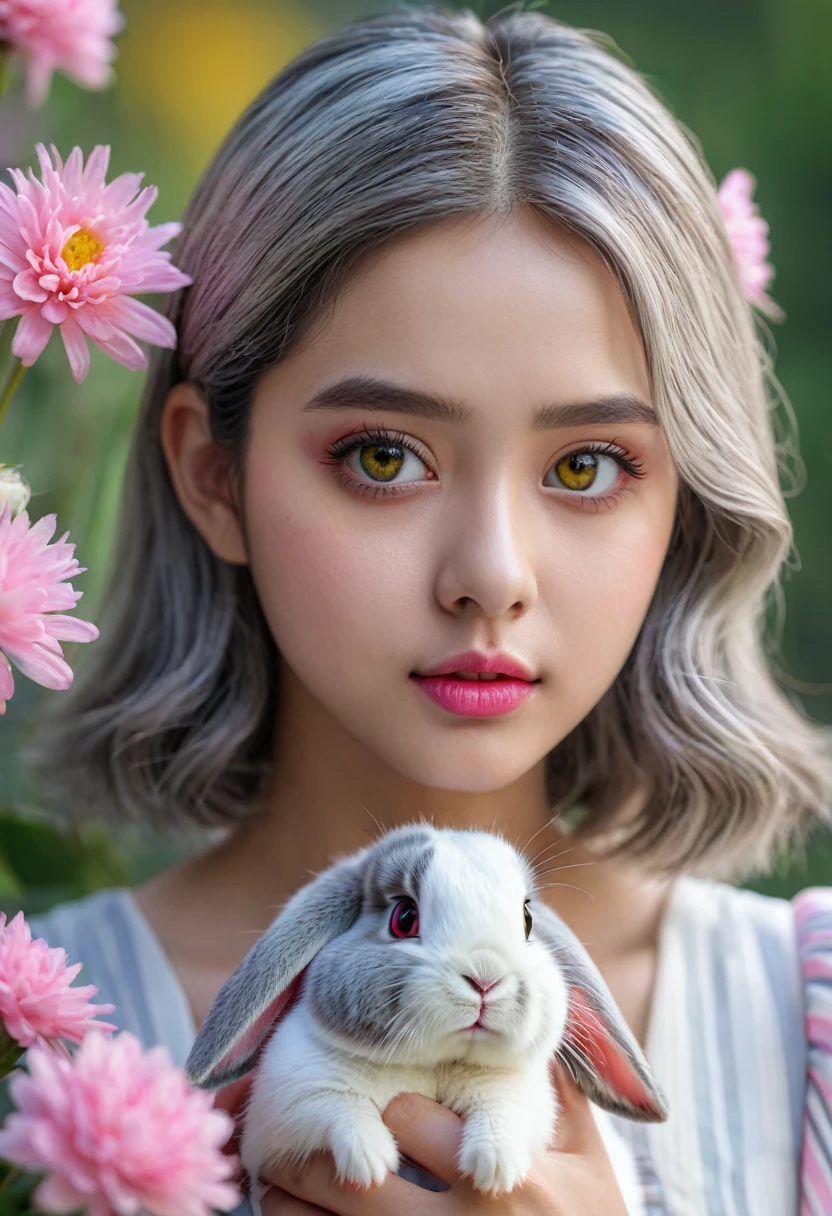details, realism, 4K, 15 year old girl, detailsใบหน้า, big yellow eyes, plump lips, Upturned nose, Gray hair with pink stripes, in white dress, with a rabbit in hand, flowers in the background, White butterfly in the foreground, Realistic shooting, depth of field, Weak headlights, glow, HDR (muted colors: 1.2), Canon RF 100mm. F2.8L Macro IS USM