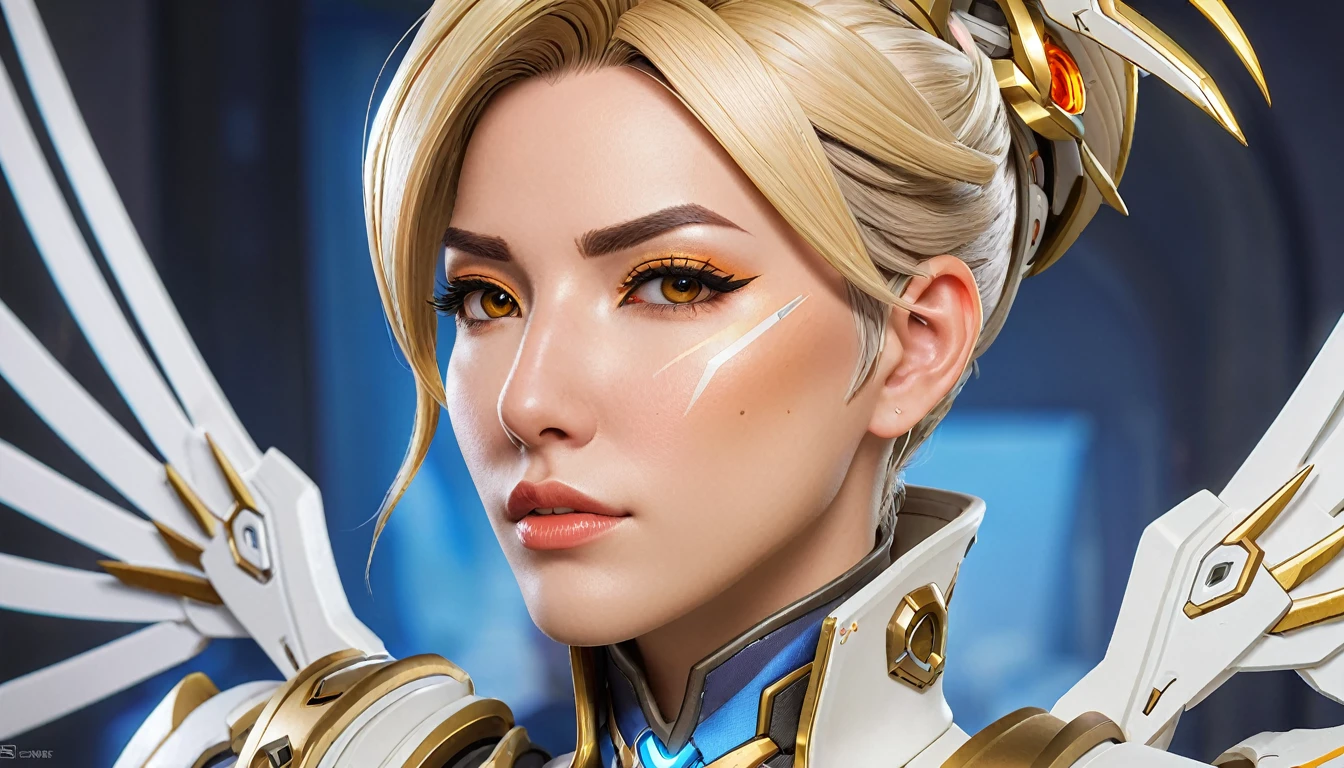 Mercy from Overwatch, character Portraiture, Portraiture, close, Concept Art, Intricate details, Very detailed, Mobius style
