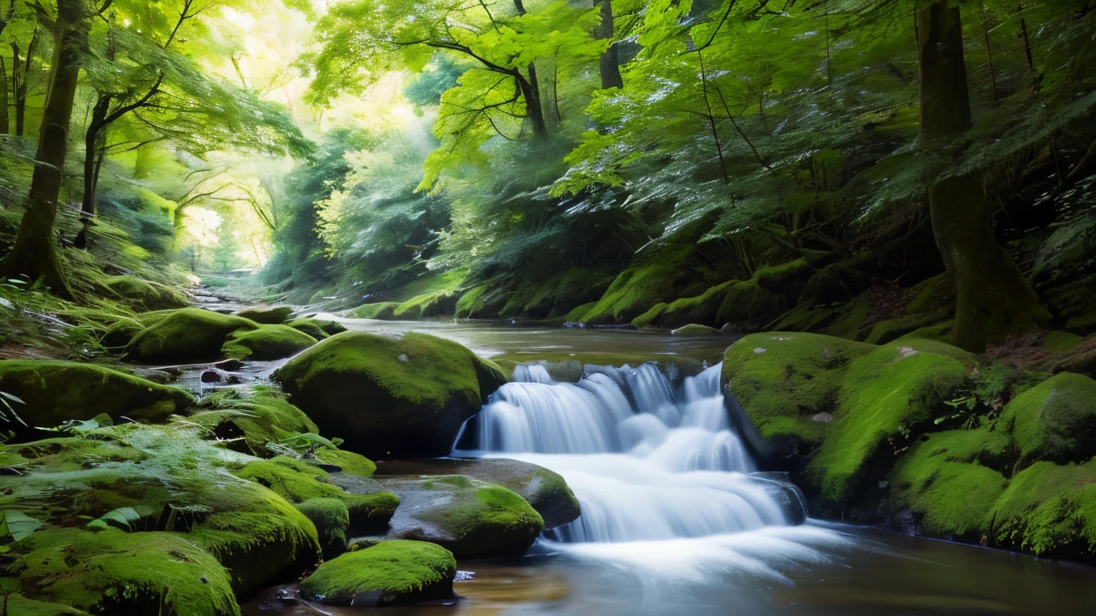 masterpiece, Highest quality, morning,in the forest,wood々Overgrown,The stream is flowing,morning日が差し込み小川がキラキラ光っている,